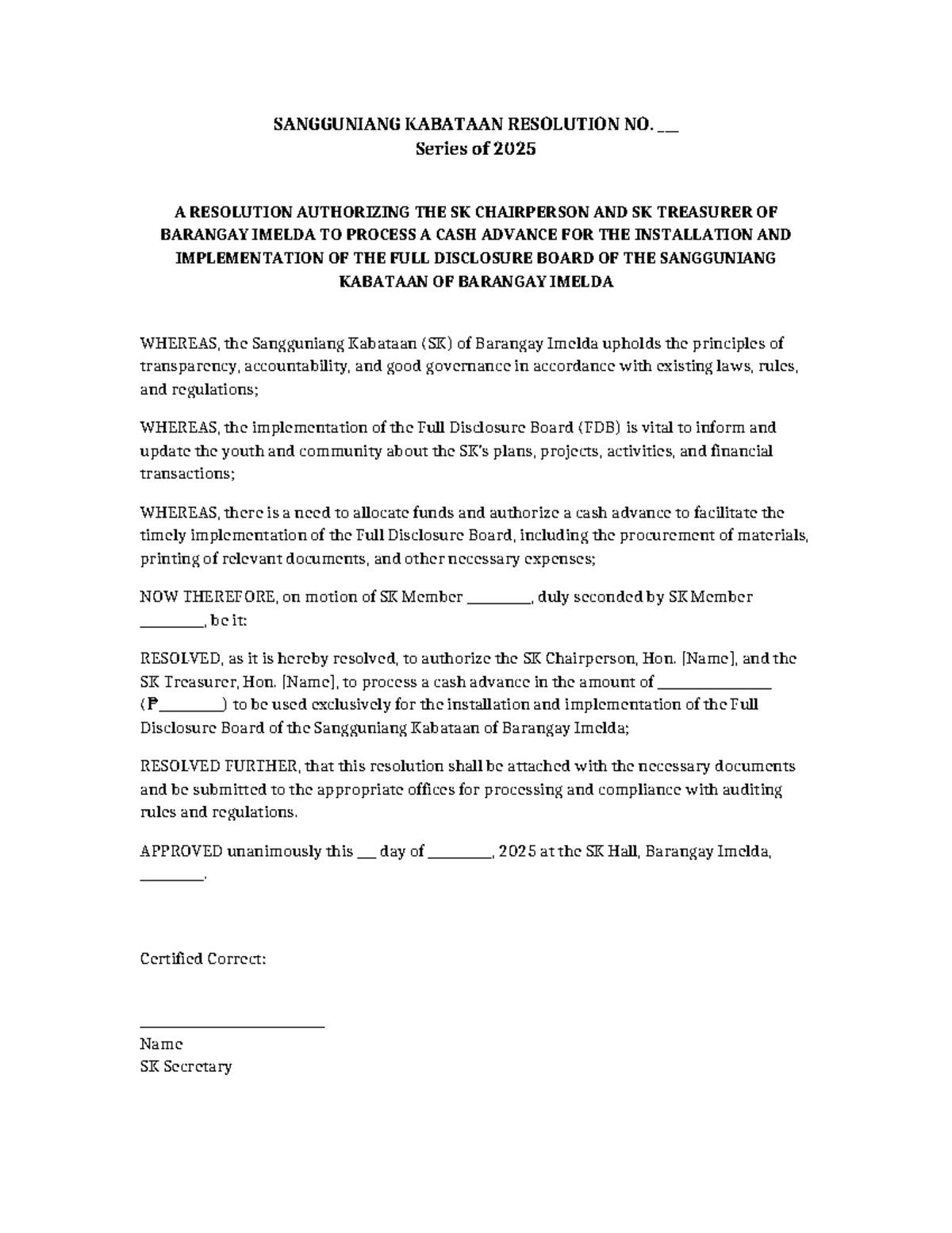 SK Resolution No. 2025: Cash Advance for Full Disclosure Board ...