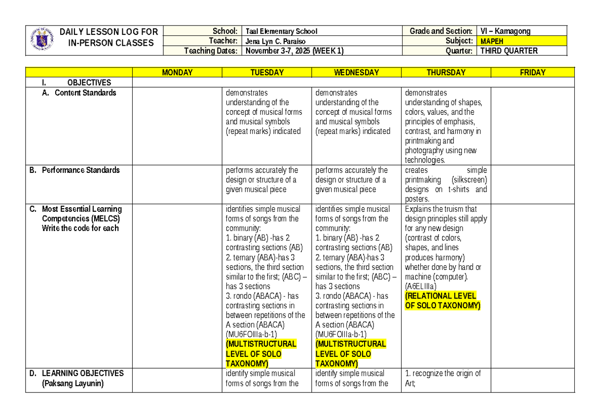 G6 Q3W1 DLL MAPEH: Understanding Musical Forms & Design Principles ...