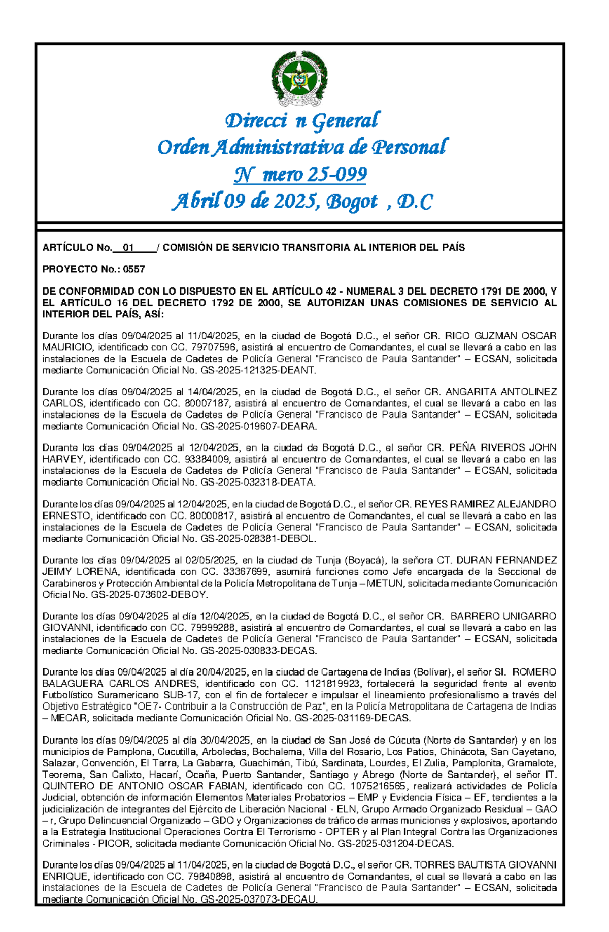 Orden Administrativa de Personal No. OAP 25-099 - Abril 2025 - Studocu