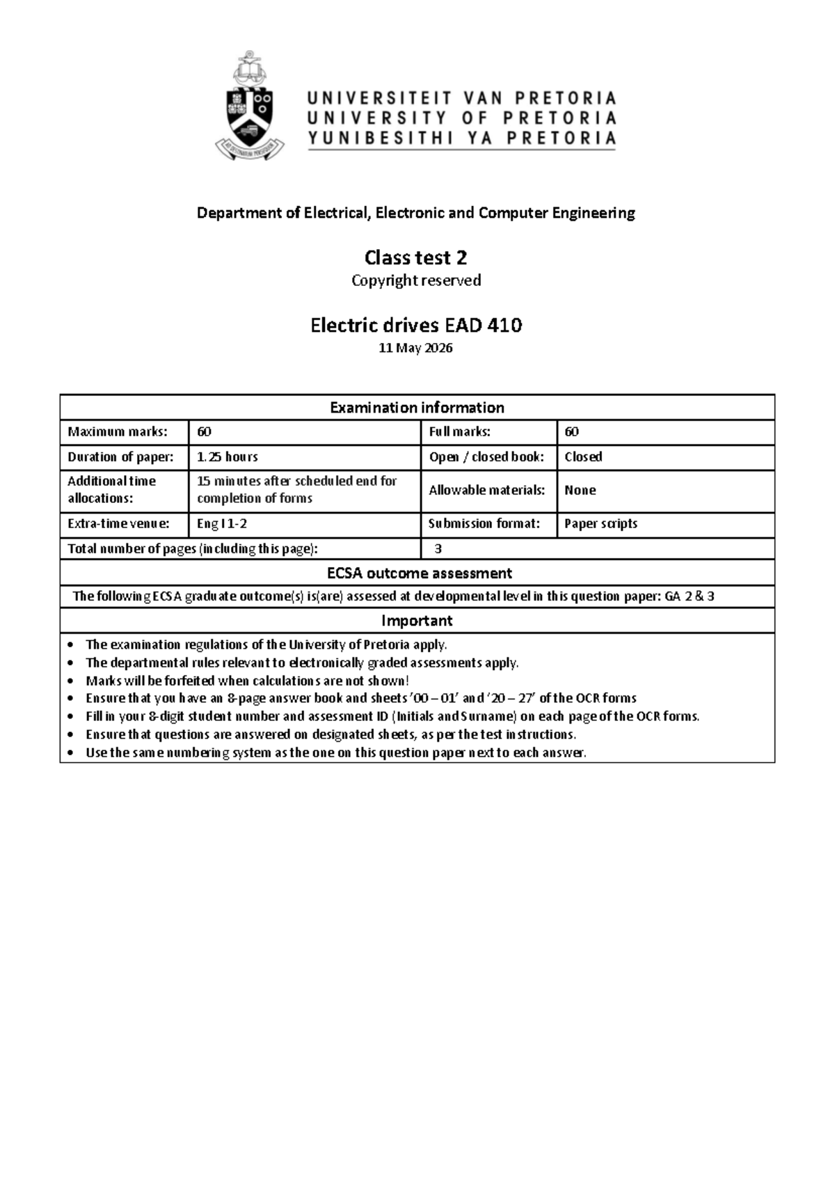 EAD 410 Class Test 2: Electric Drives Exam Details & Solutions - Studocu
