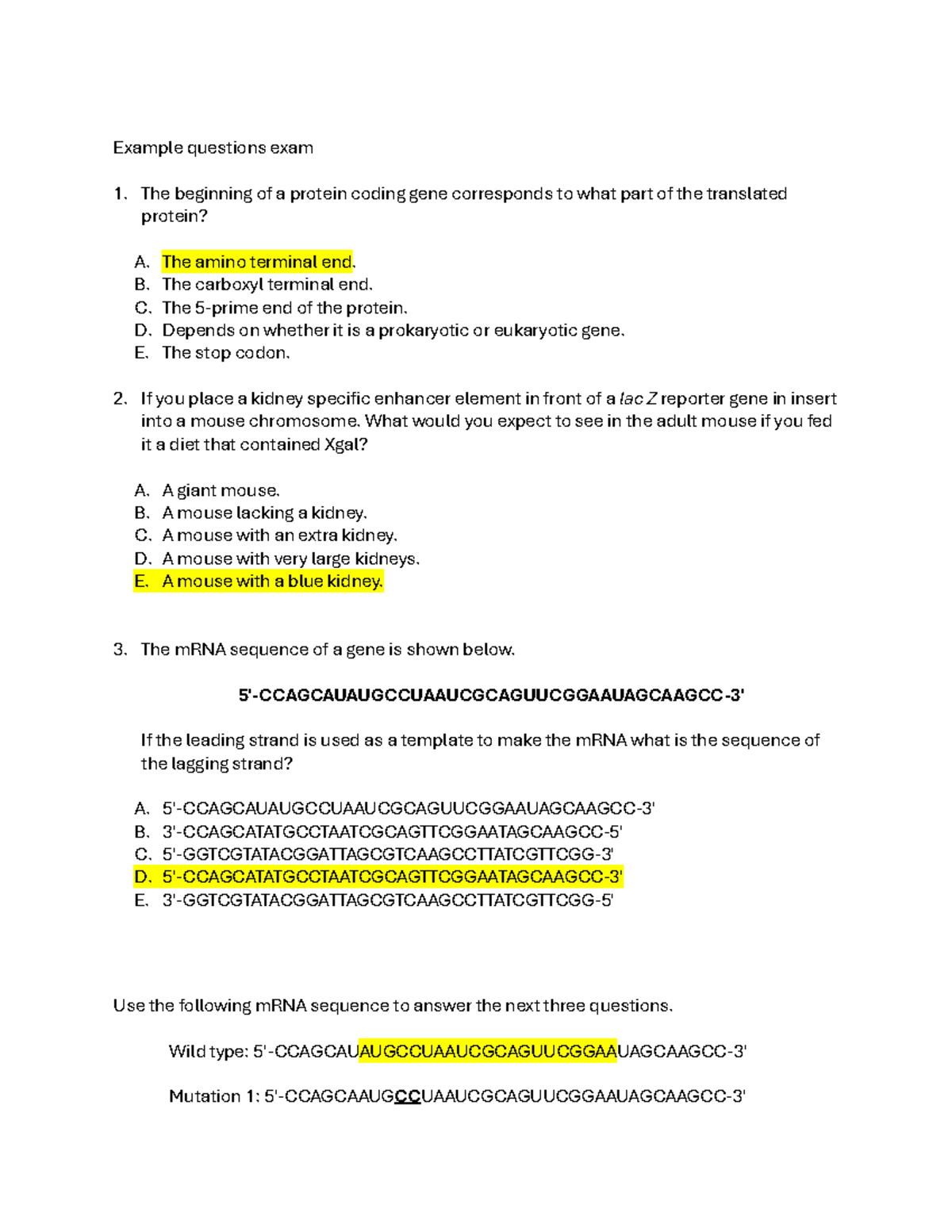 Genetics Example Questions for Exam 3 (2025) - Studocu