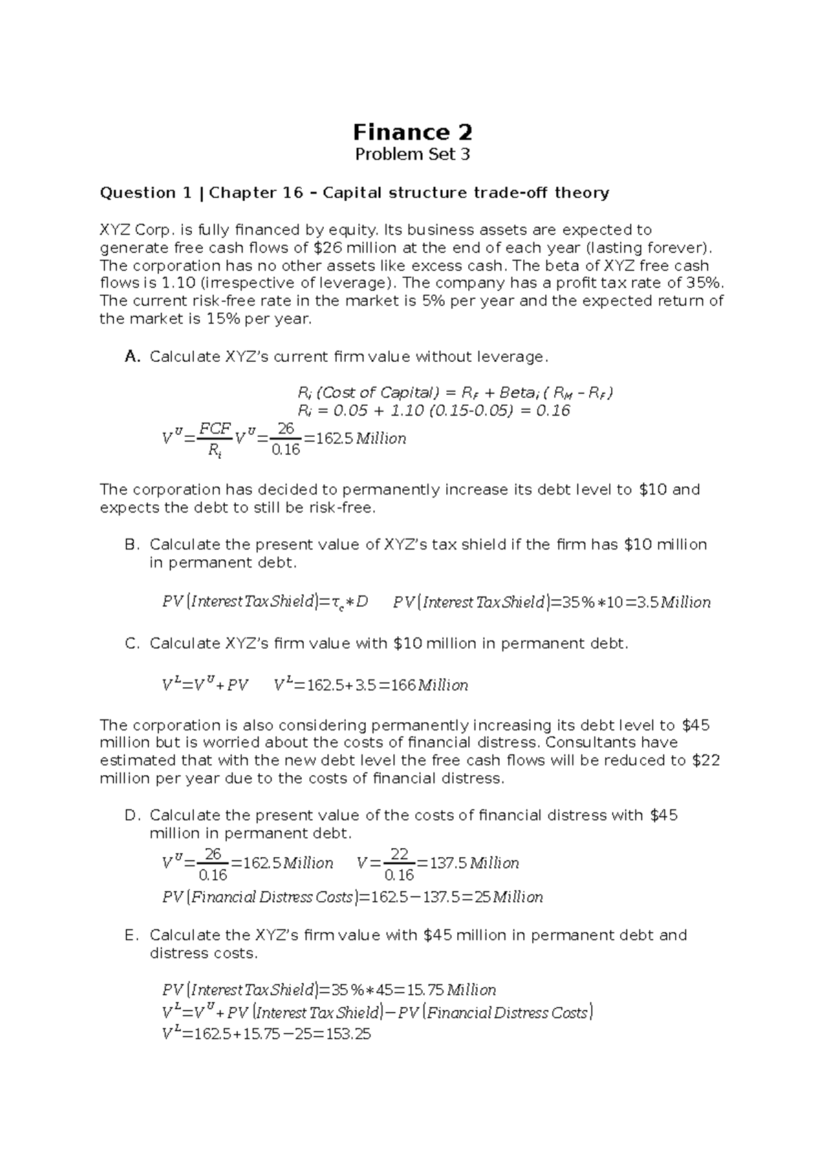 Finance 2 - Problem Set 3 Solutions on Capital Structure Theory ...