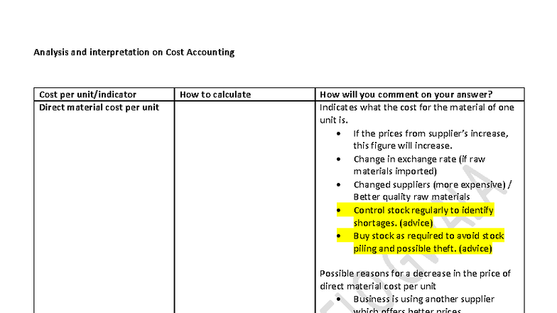 Cost Accounting Analysis: Direct Material & Labor Costs Insights - Studocu