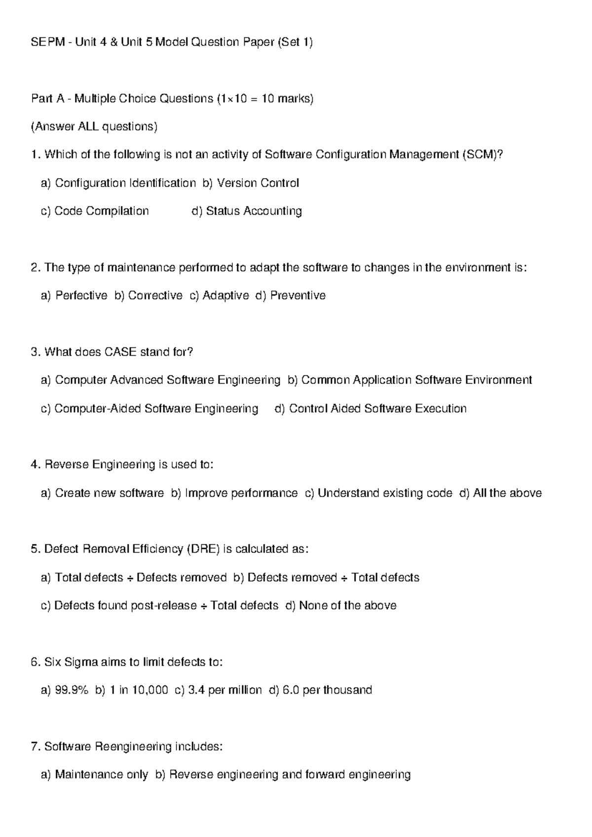 SEPM Unit 4 & Unit 5 Model Question Papers (Set 1-4) - Studocu