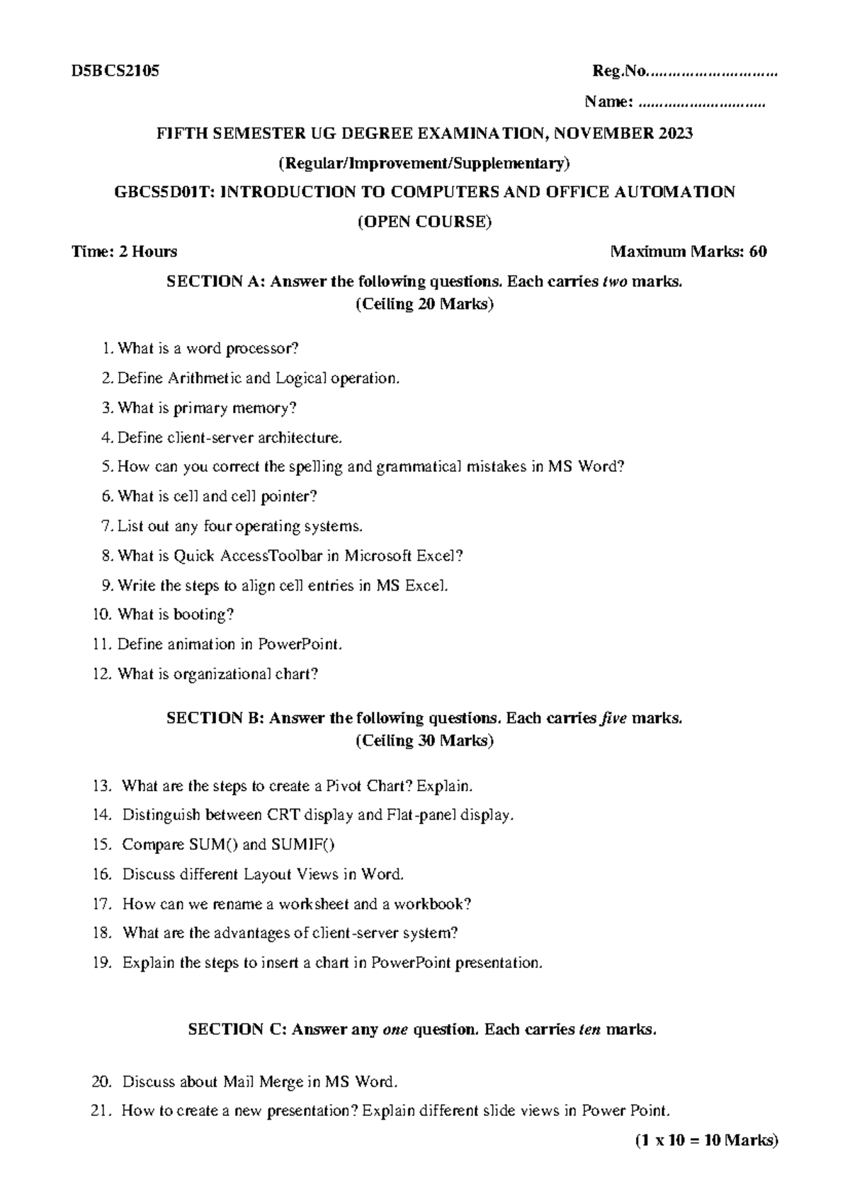 GBCS5D01T: Fifth Semester Exam - Intro to Computers & Office Automation ...