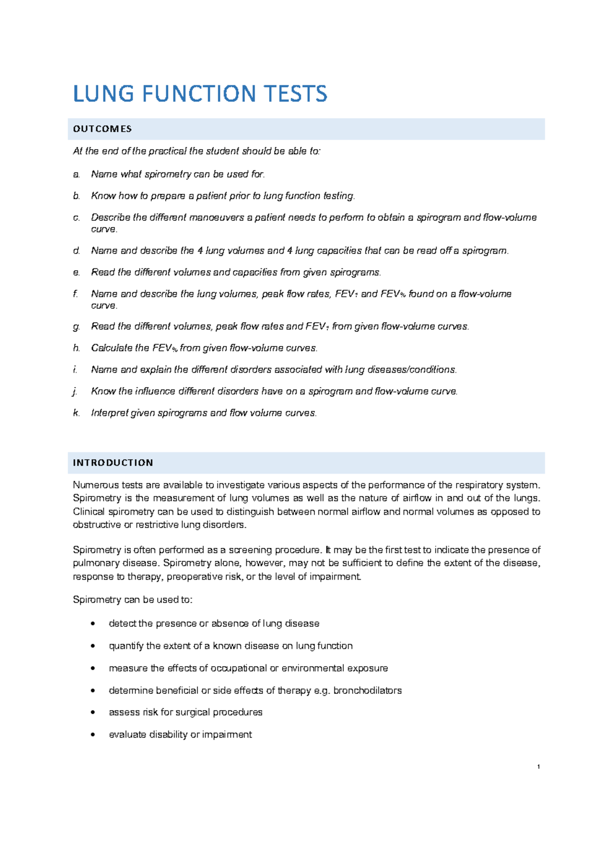 FLG221 Lung Function Practical Study Notes and Spirometry Overview ...