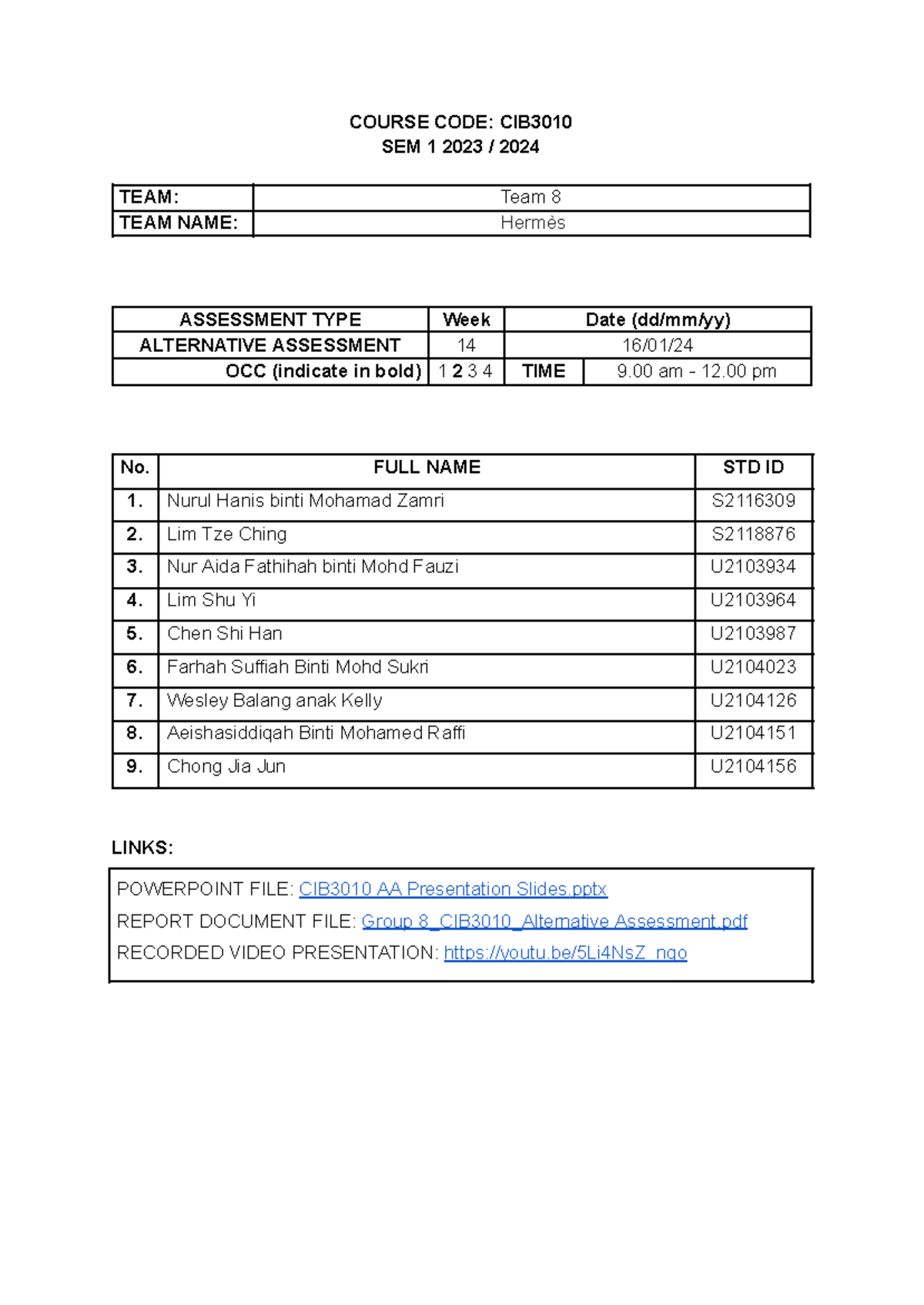 CIB3010 Week 14 Alternative Assessment Report by Team 8: Hermès - Studocu