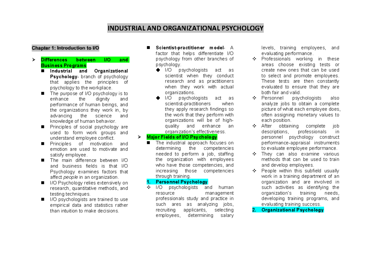 I/O Psychology (PSY 350) Chapter 1: Key Concepts and Notes - Studocu