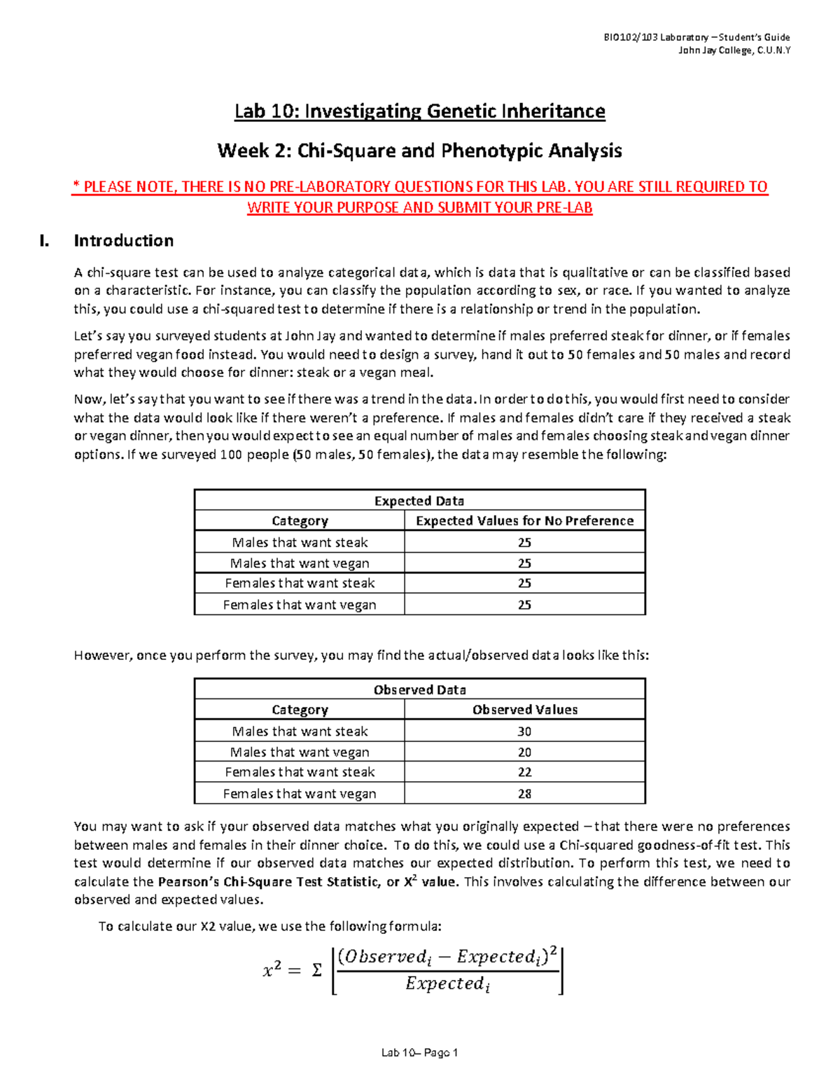 Lab 10: Genetic Inheritance via Chi-Square Test (BIO102/103) Analysis ...