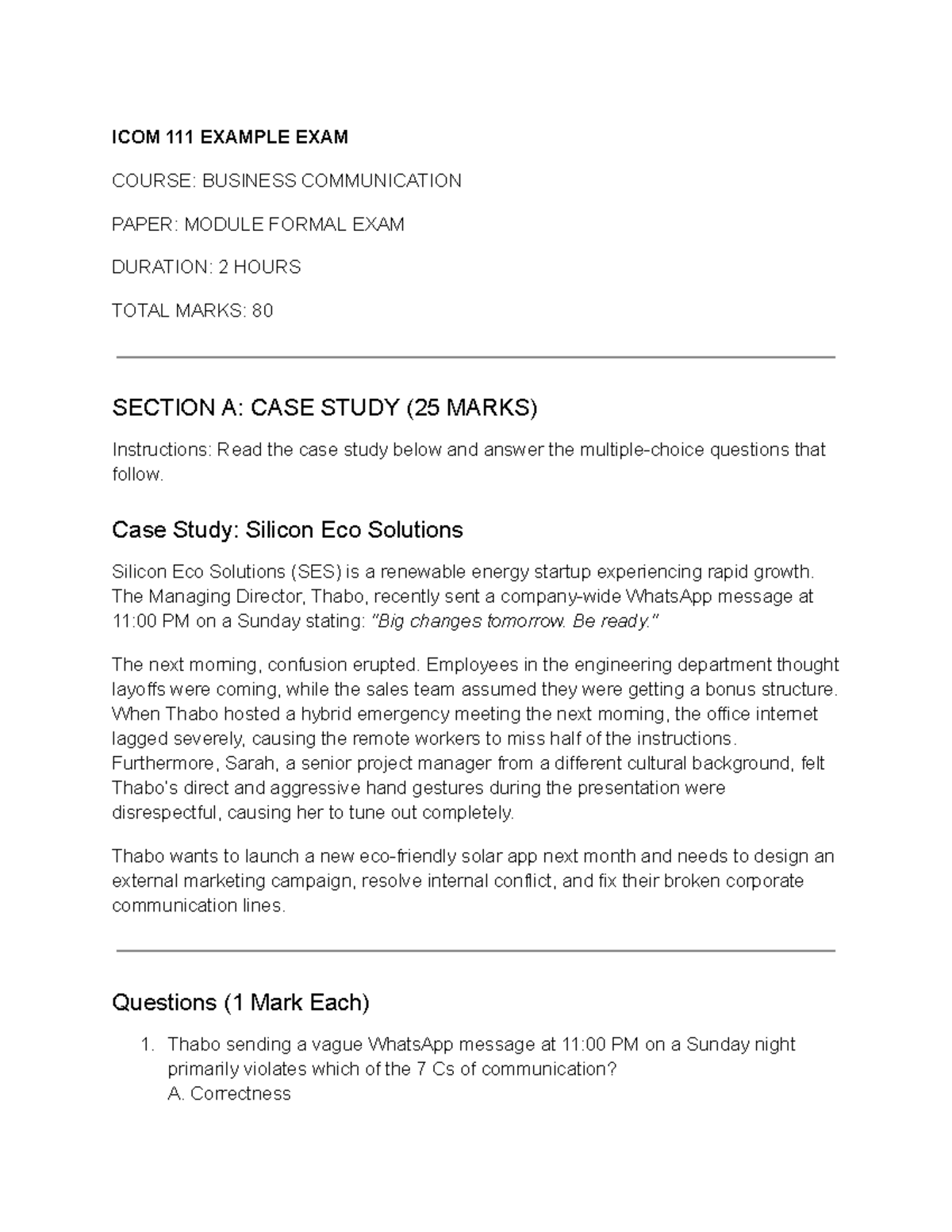 ICOM 111 Business Communication Final Exam Case Study Analysis - Studocu