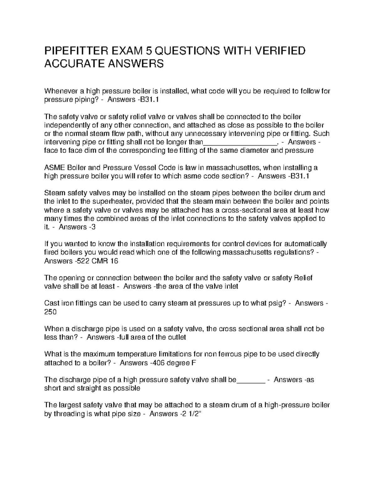 PIPEFITTER EXAM 5: Verified Answers for High Pressure Boilers - Studocu