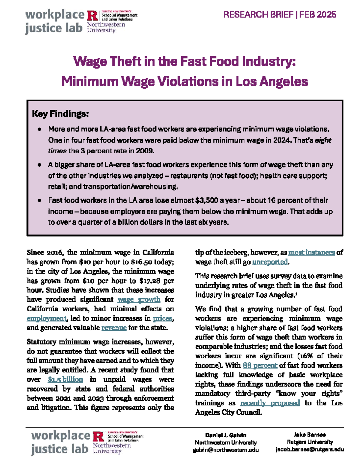 Wage Theft in the Fast Food Industry: A Research Brief (BRUNSWICK ...