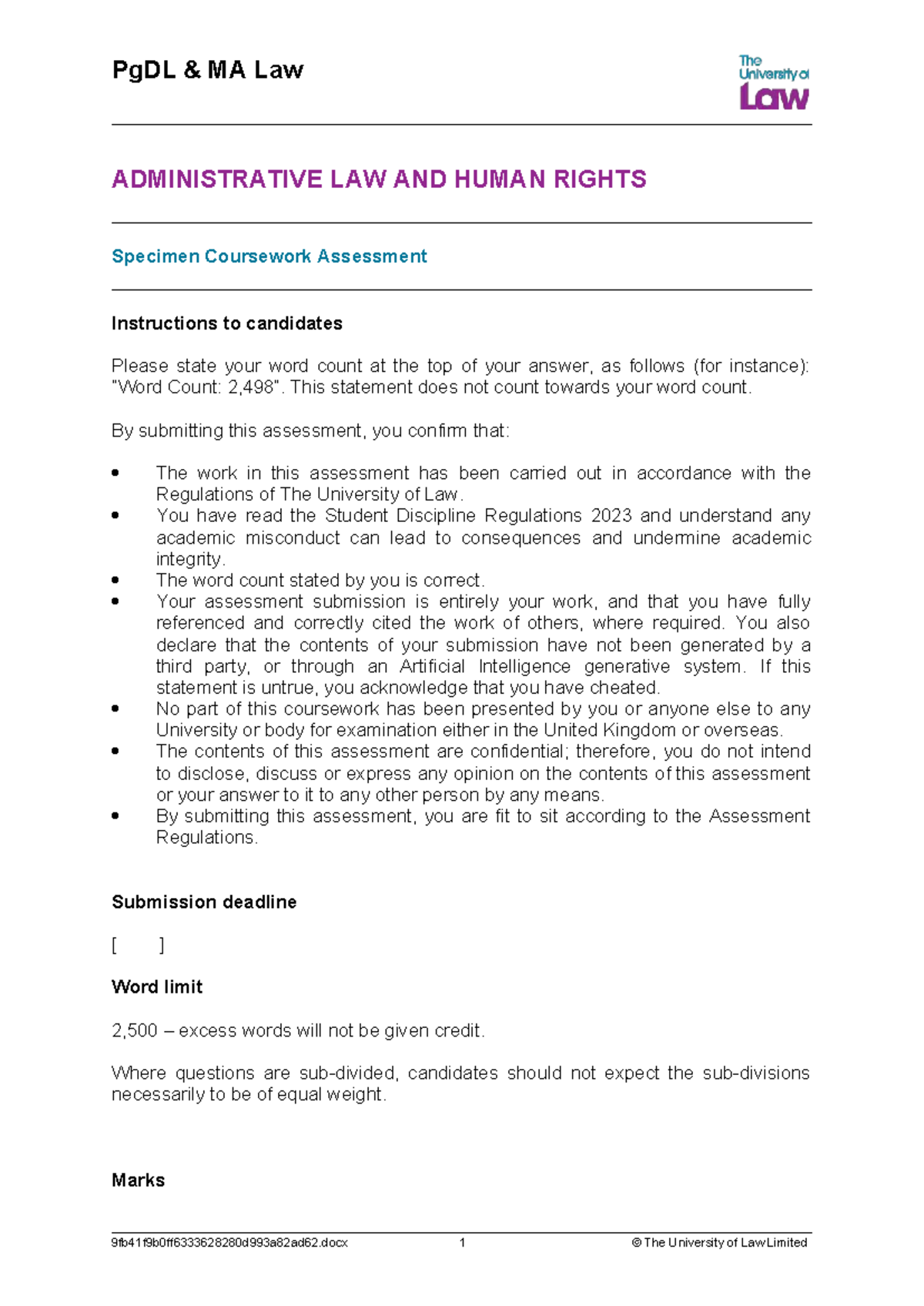 PgDL MA Law: Administrative Law & Human Rights Specimen Assessment ...