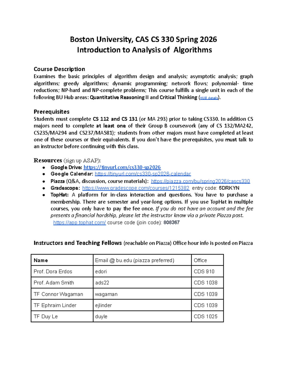 CS 330 Spring 2026 Syllabus: Introduction to Analysis of Algorithms ...