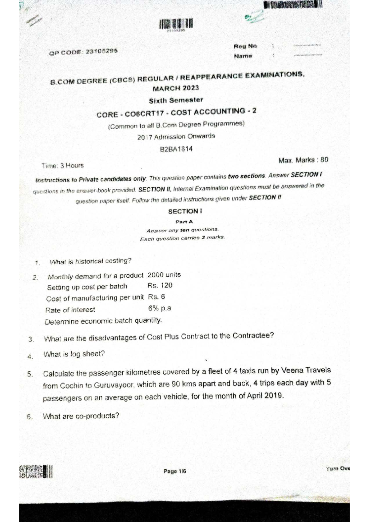 B.Com Cost Accounting II (CORE COBCRT17) March 2023 Exam QP & Answers ...