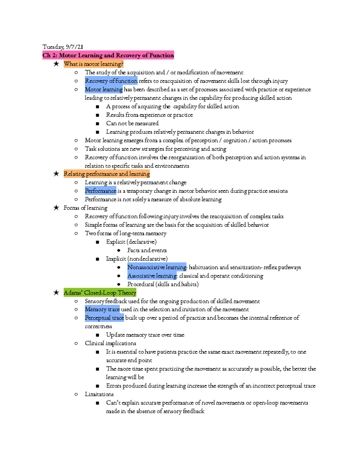 Neuromotor Control: Ch 2 - Motor Learning & Function Recovery Overview ...