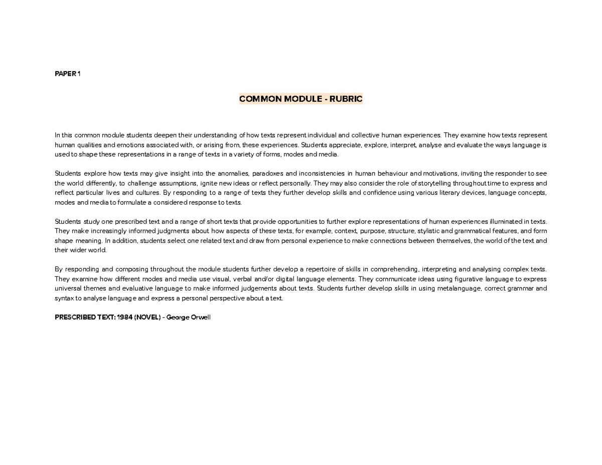 HSC English ADV Trials Stuvac: Common Module Rubric Analysis - Studocu