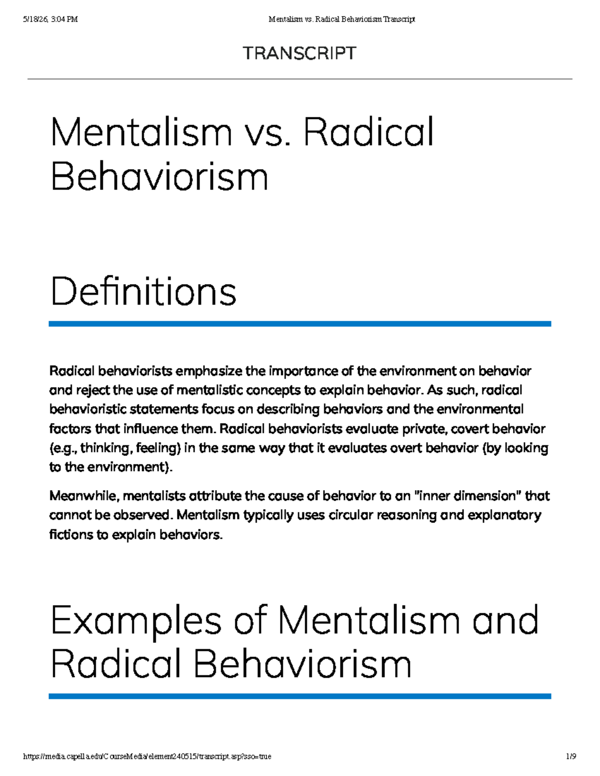 Mentalism vs. Radical Behaviorism: Key Concepts & Examples Transcript ...