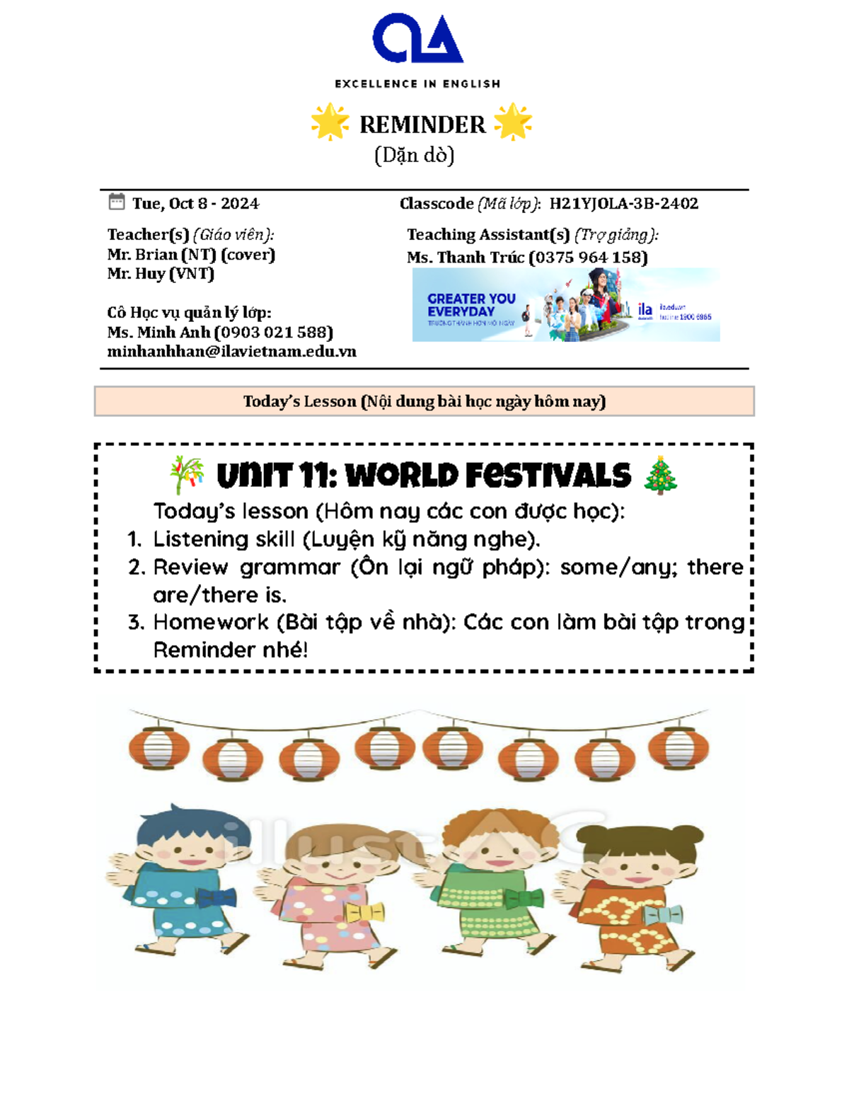 Reminder 8 10 - English - 🌟 REMINDER 🌟 (Dặn dò) Tue, Oct 8 - 2024 ...