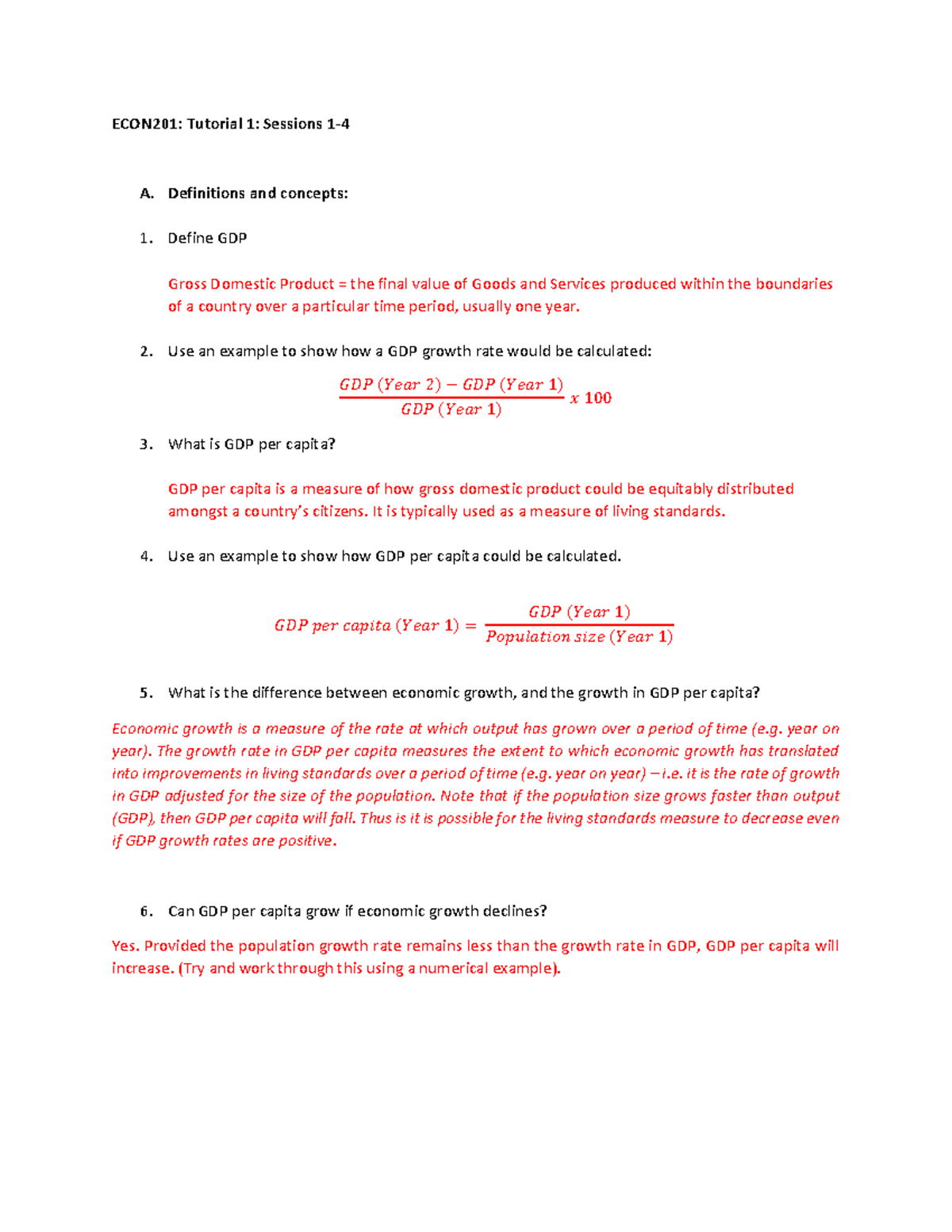 ECON201: Tutorial 1 Solutions on GDP Growth and Economic Theories - Studocu