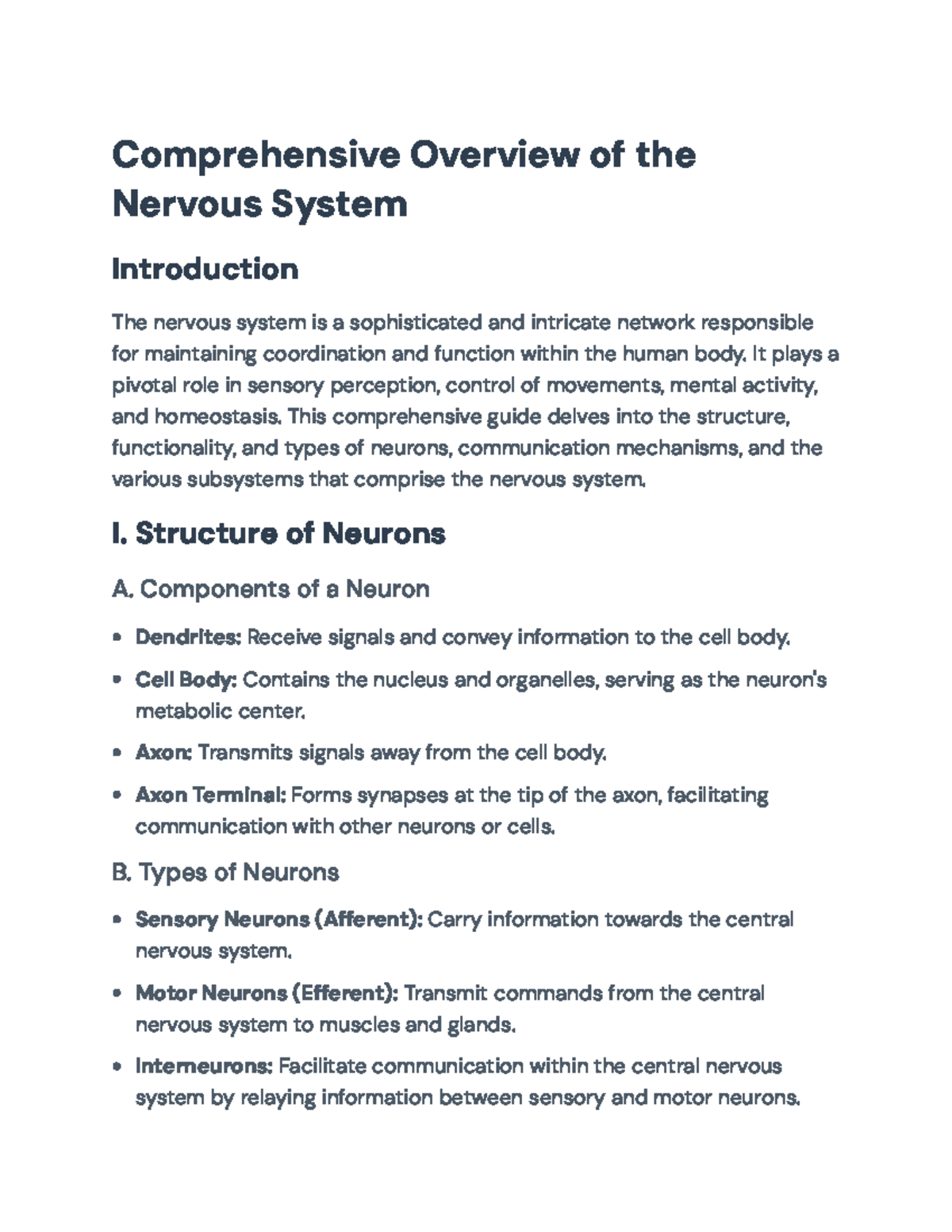 Comprehensive Guide to the Nervous System (BIO101 Final Exam Notes ...