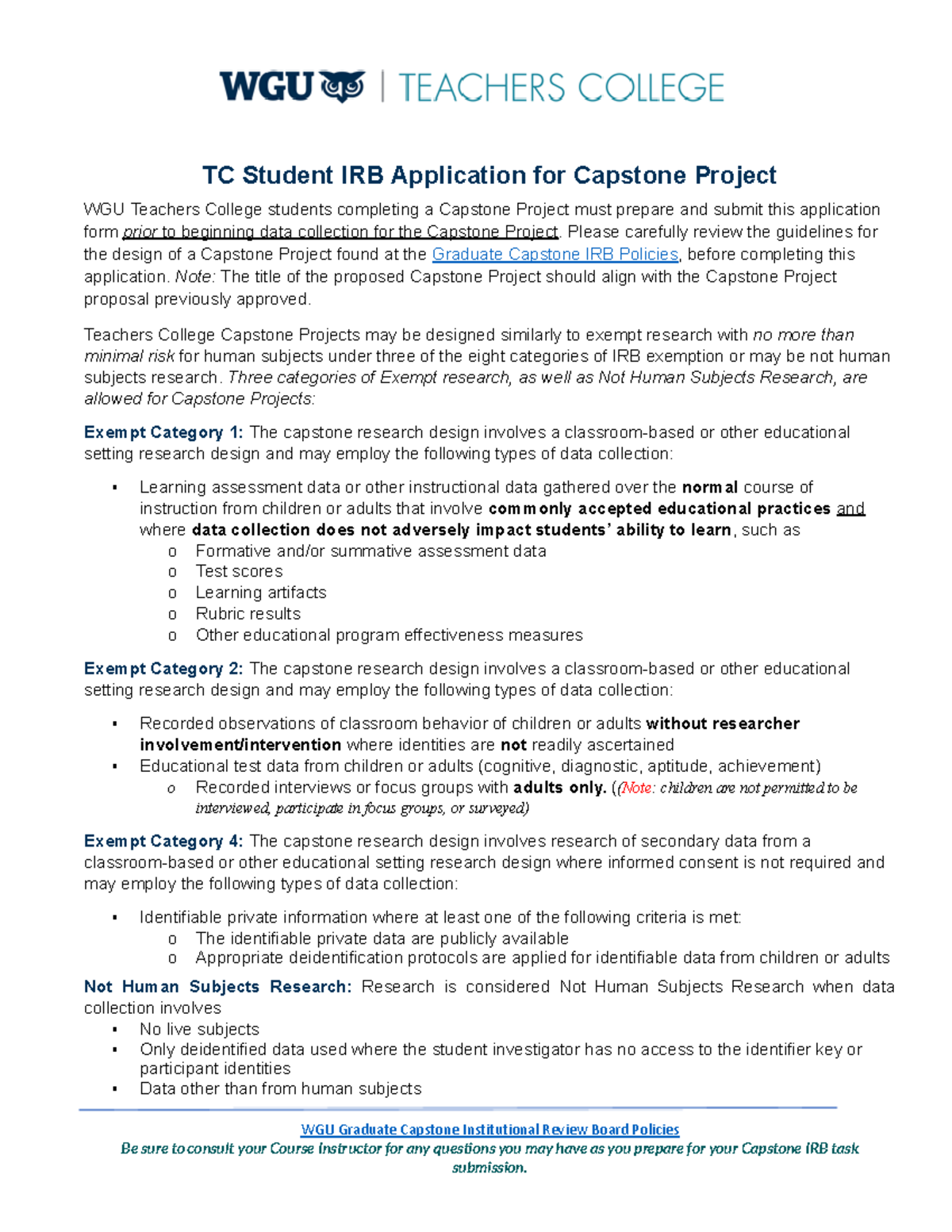 TC D181 ORM Capstone Project IRB Application Guidelines and Form - Studocu