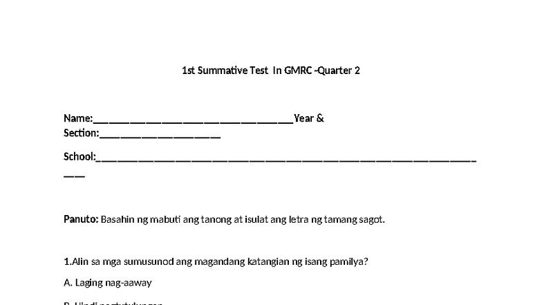 1st Summative in GMRC - DLL - 1st Summative Test In GMRC -Quarter 2 ...