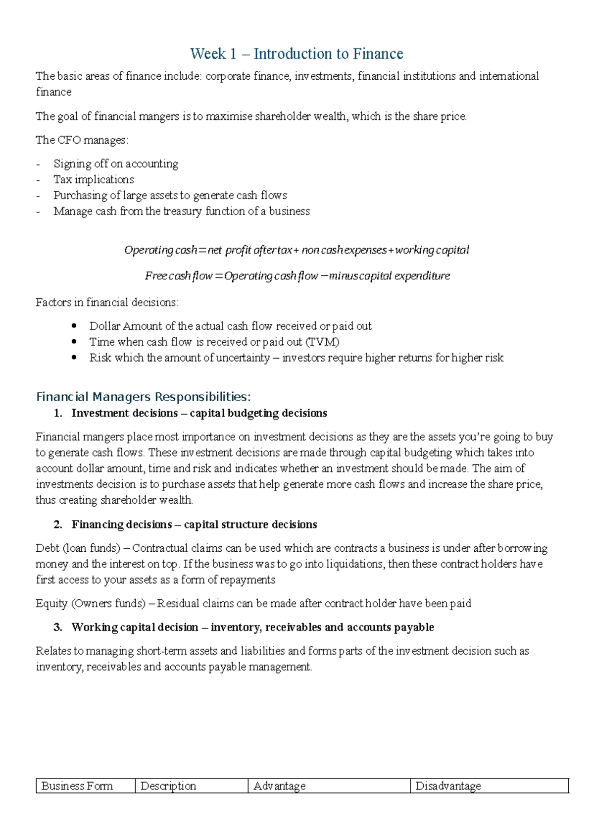 Fundamentals of Business Finance Notes (UTS) - Overview & Key Concepts ...