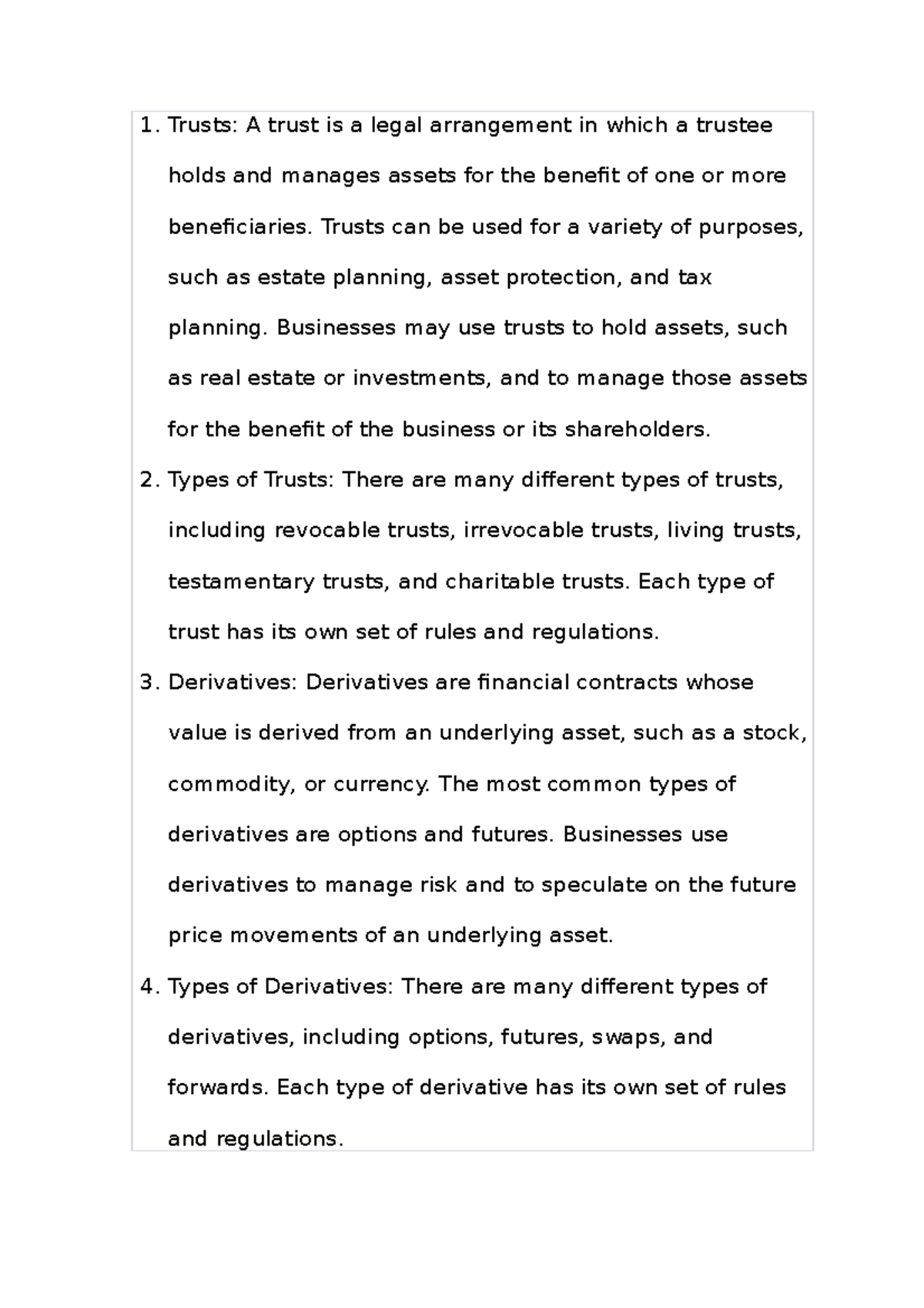 Trusts and Derivatives: Key Concepts in Business Management - Studocu