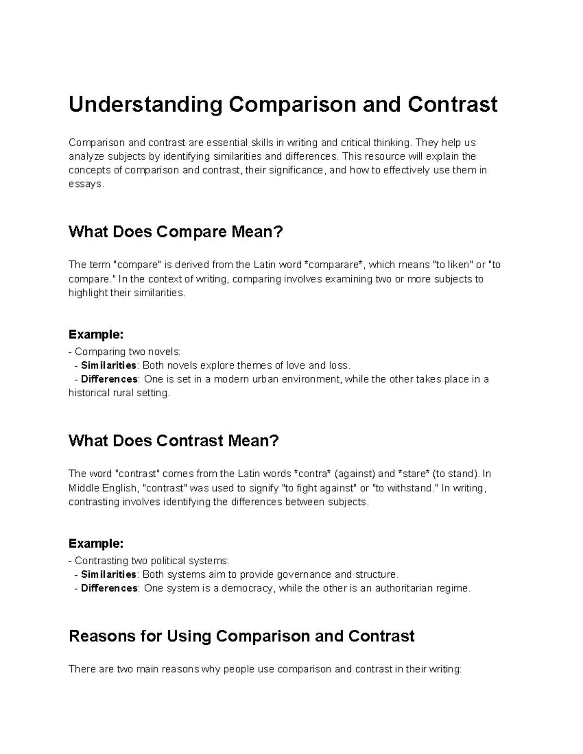 Grade 11 - Comparison and Contrast Writing Resource Guide - Studocu