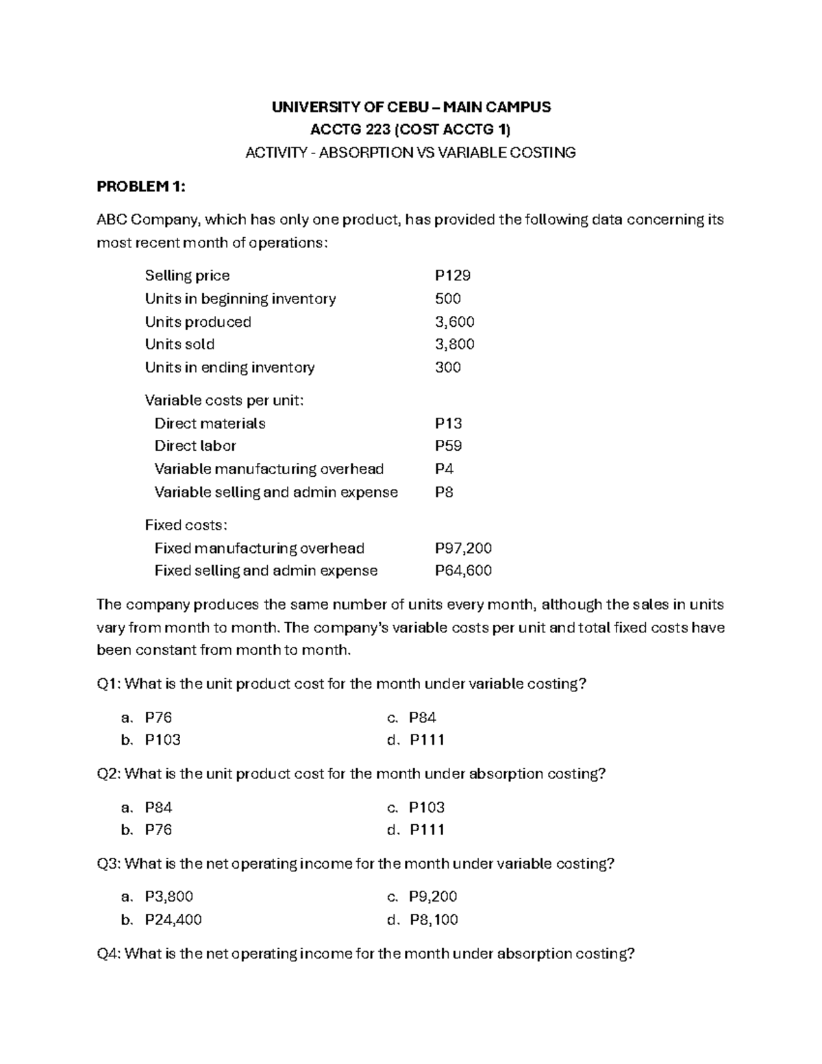 ACCTG 223 (COST ACCTG 1) Activity: Absorption vs Variable Costing Notes ...