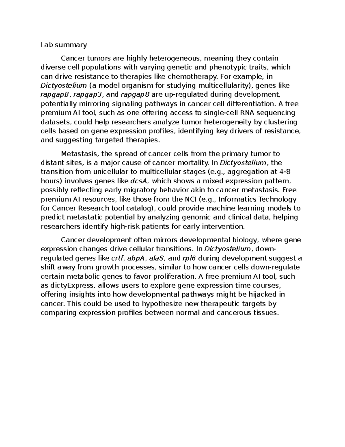 Lab summary - Lab summary Cancer tumors are highly heterogeneous ...