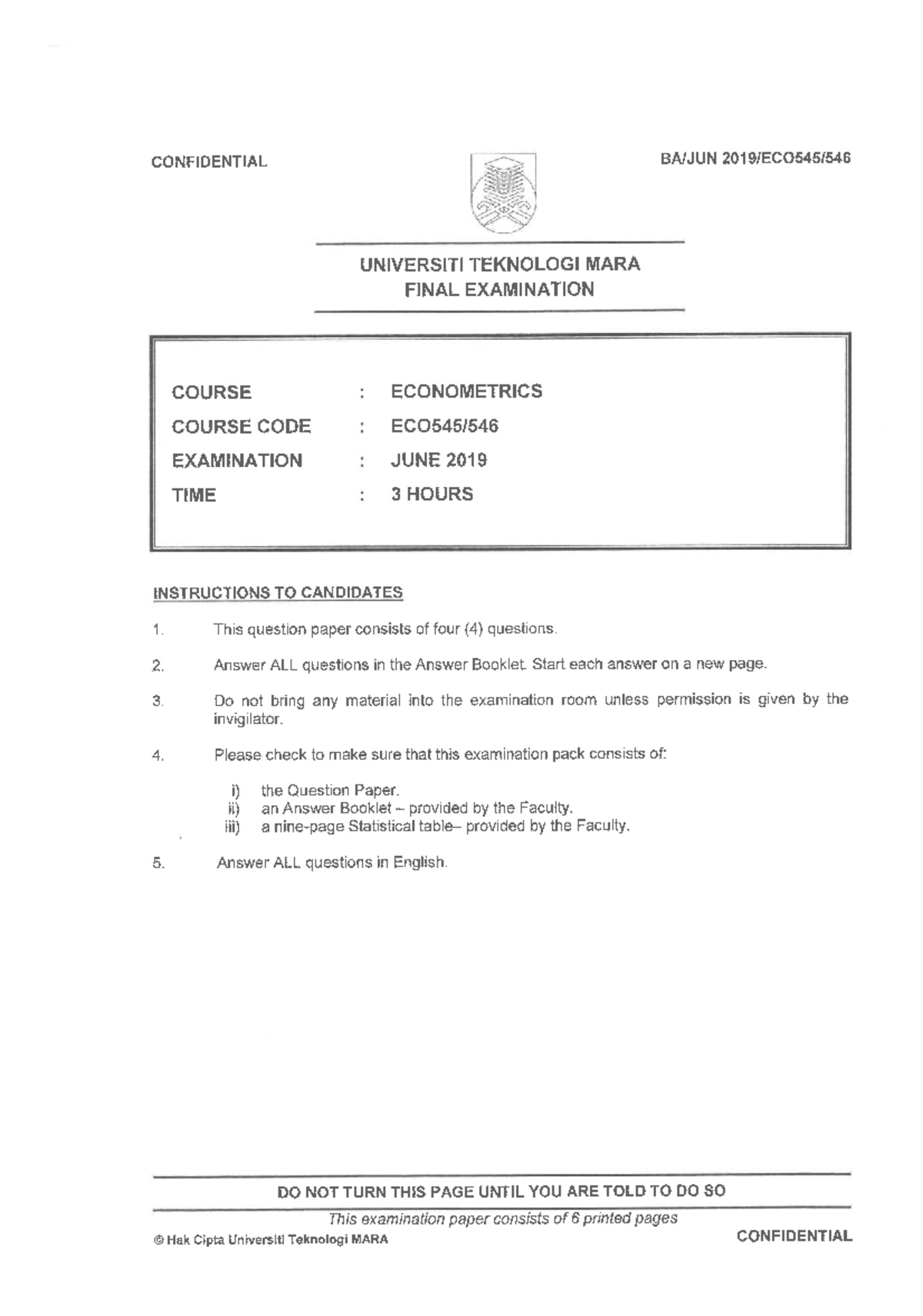2019 JUNE - Final Exam: Econometrics Course (CONFIDENTIAL) - Studocu