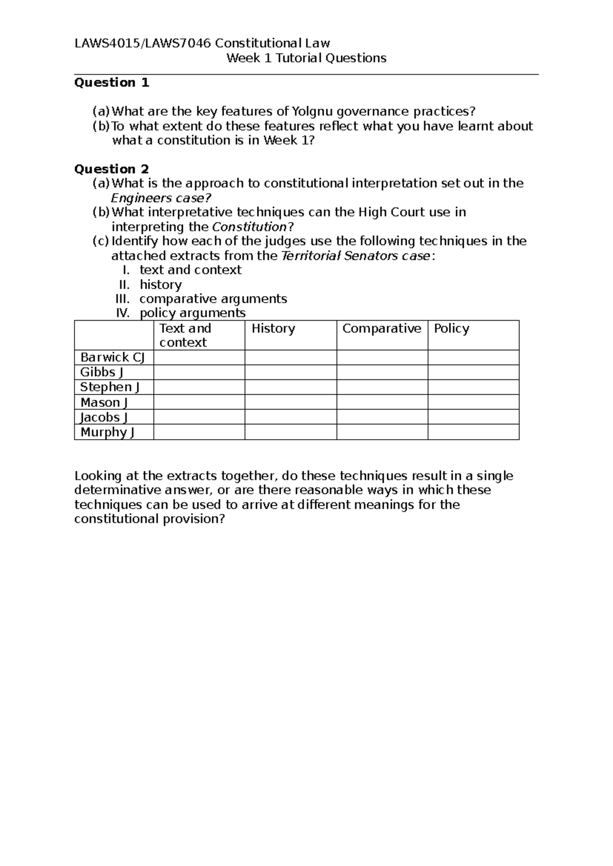 Constitutional Law (LAW101) Week 1 Tutorial Questions & Analysis - Studocu
