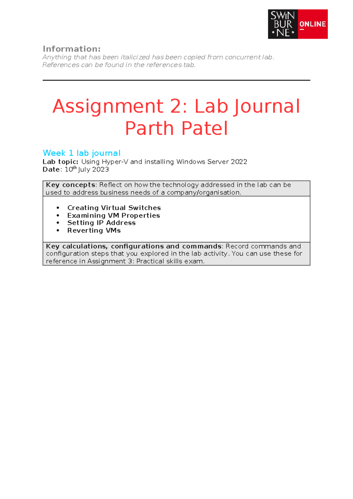 Lab Journal Entry Template for Windows Server 2022 (Assignment 2) - Studocu