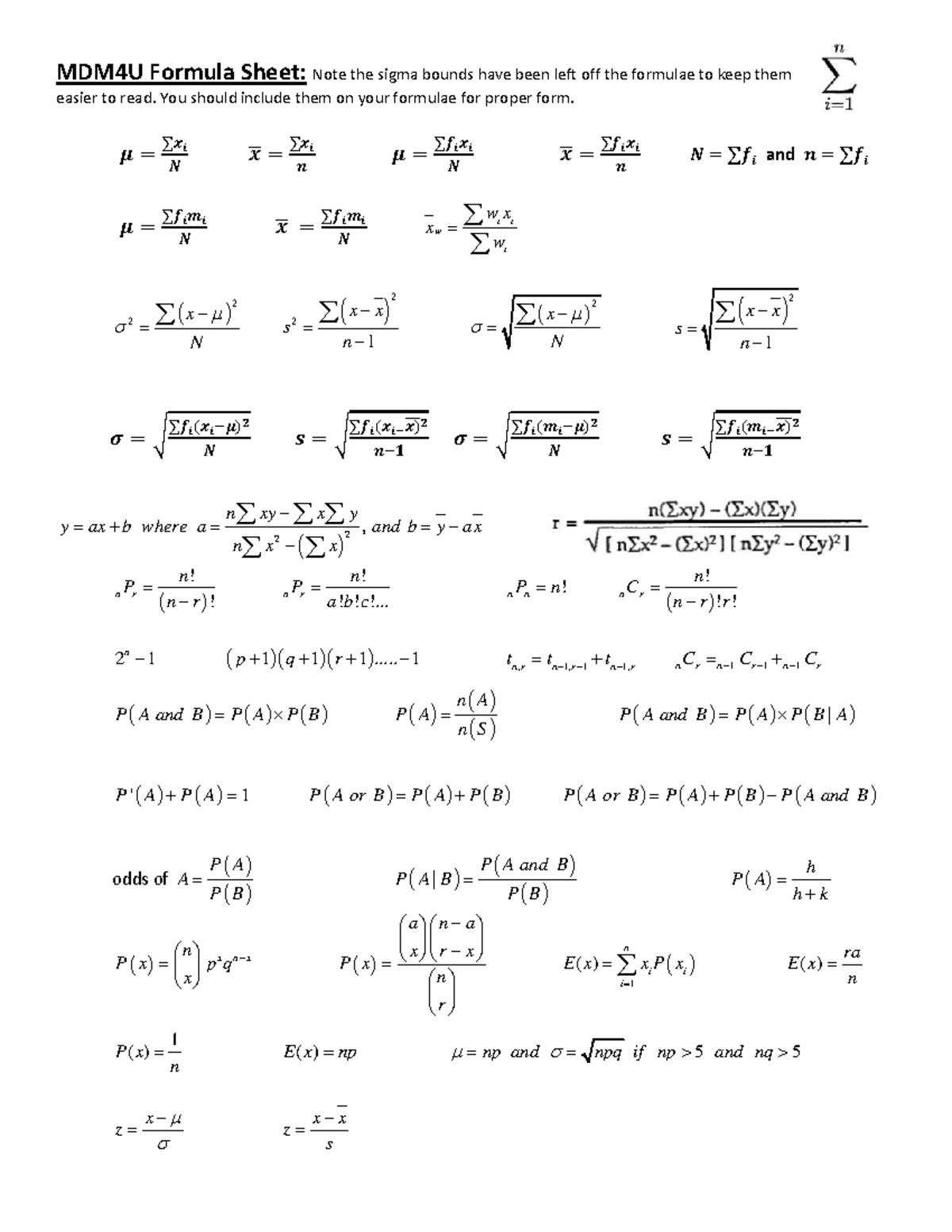MDM4U Formula Sheet: Key Concepts and Notations for Q2 20214 - Studocu