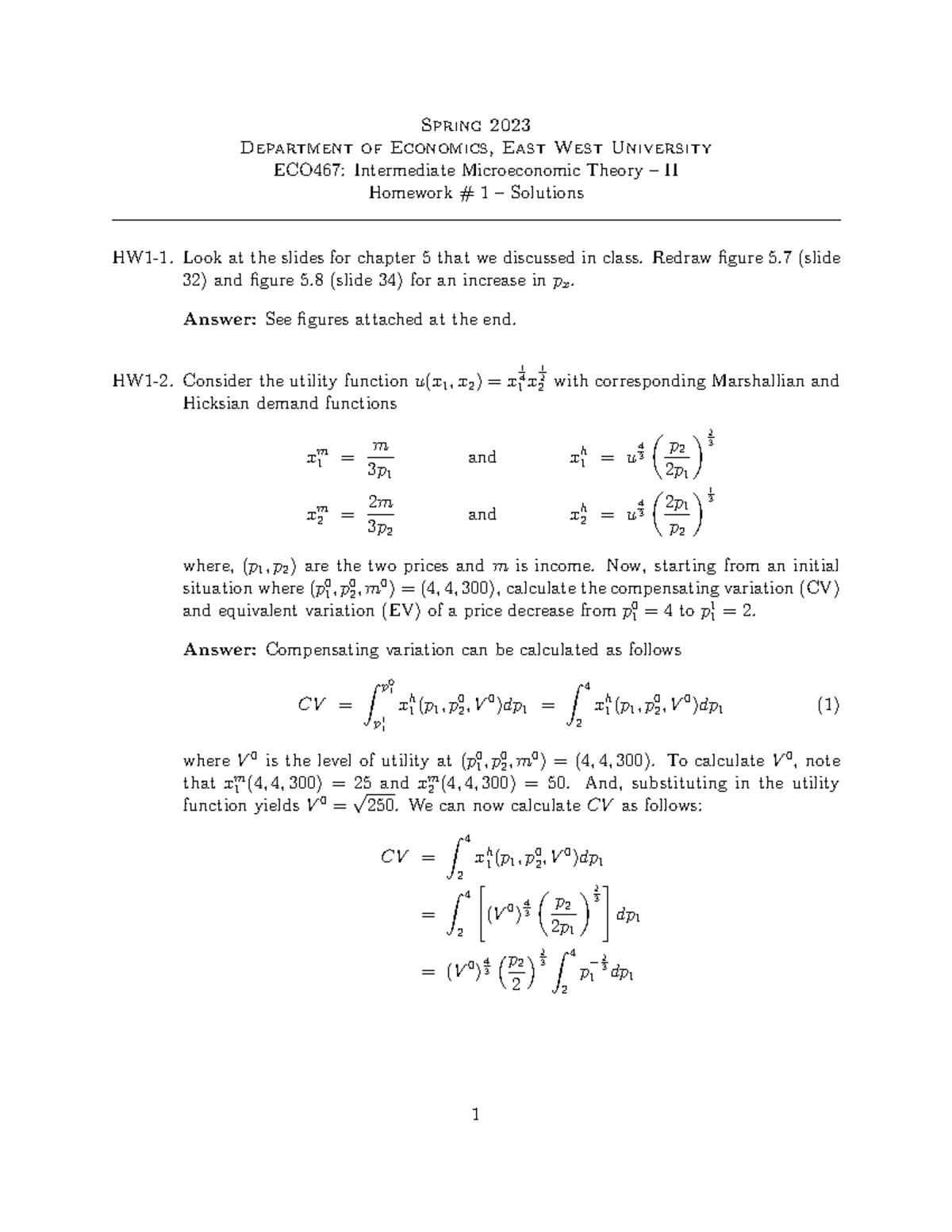 HW 1 Solutions - ECO467: Intermediate Microeconomic Theory II - Studocu