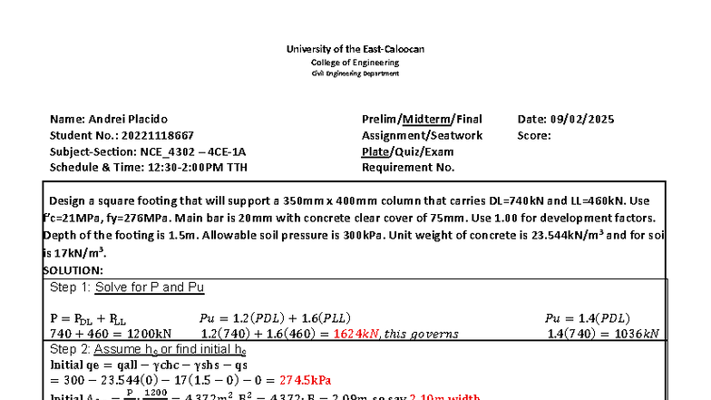 CE 101: Design of Square Footing for Column Support - Studocu
