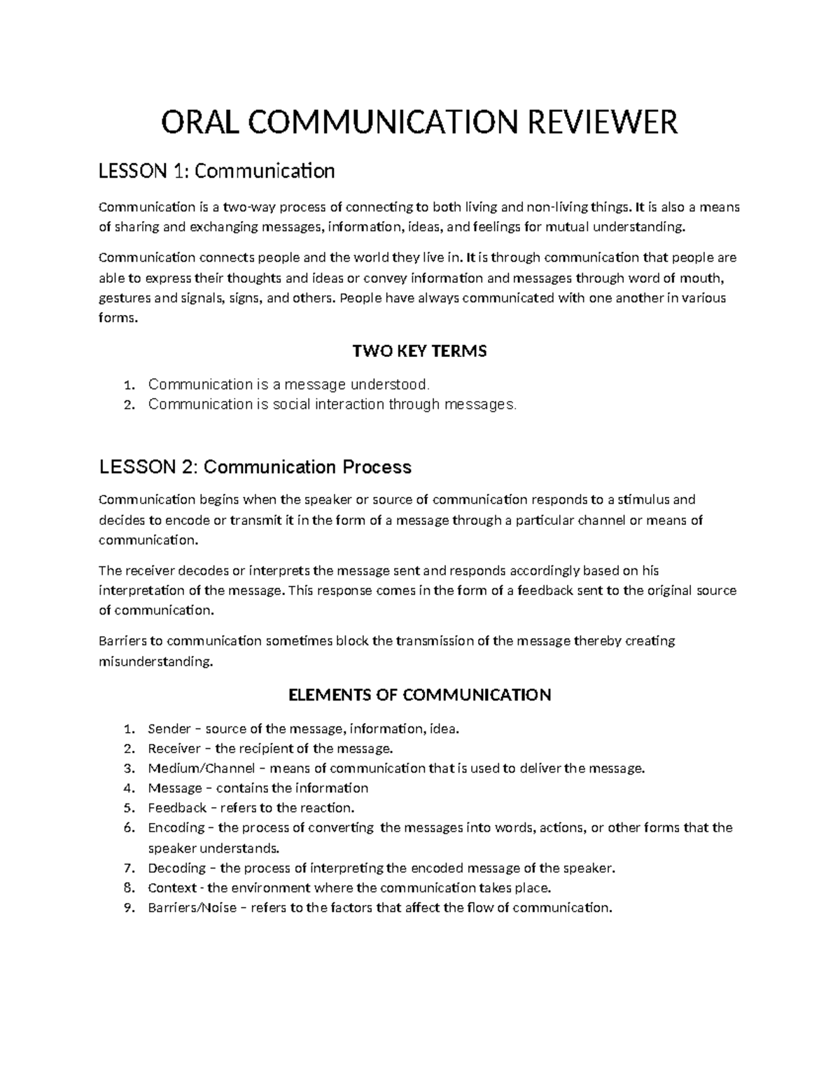 Oral Comm Q1 Review: Key Lessons on Communication and Barriers - Studocu