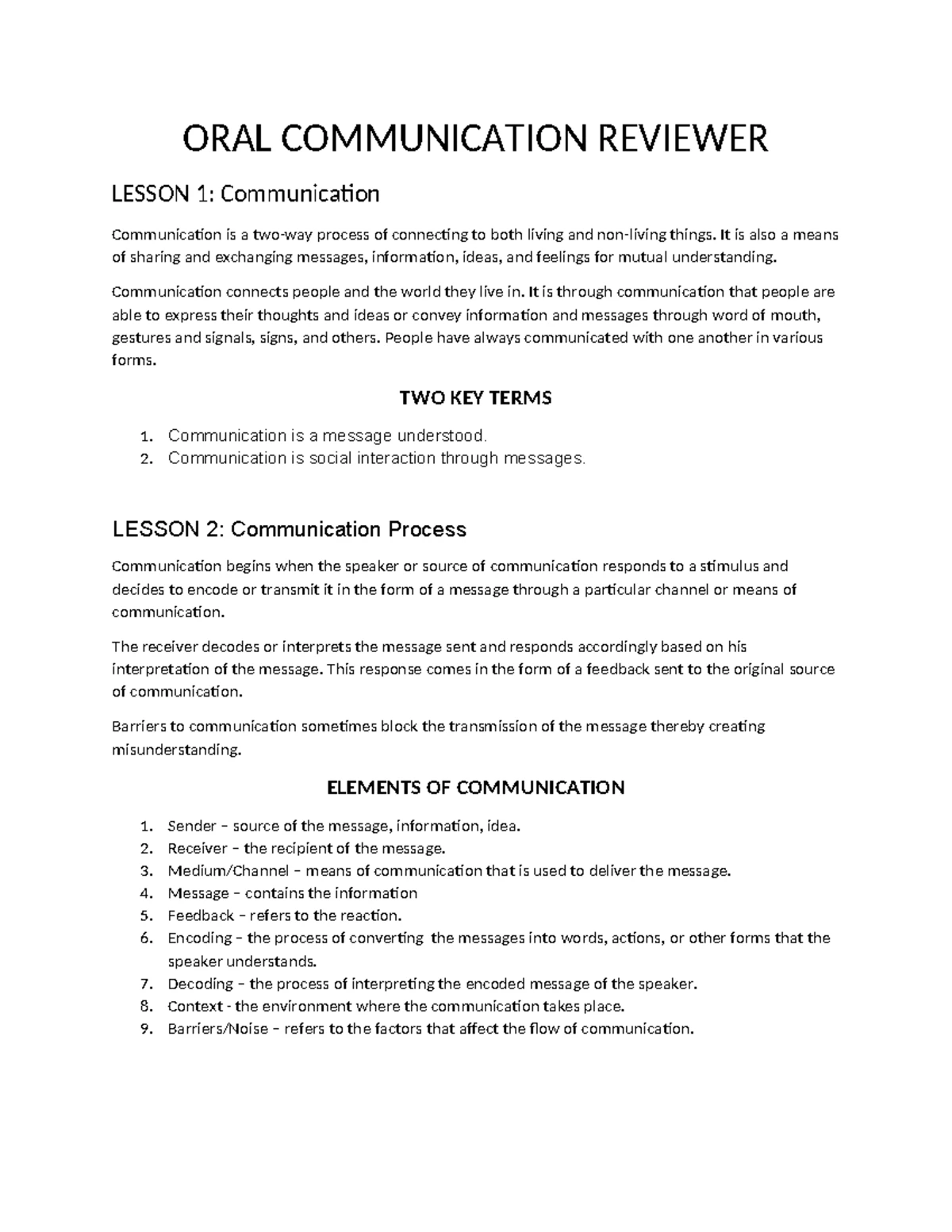 Oral Communication Midterm Reviewer: Key Concepts & Models - Studocu