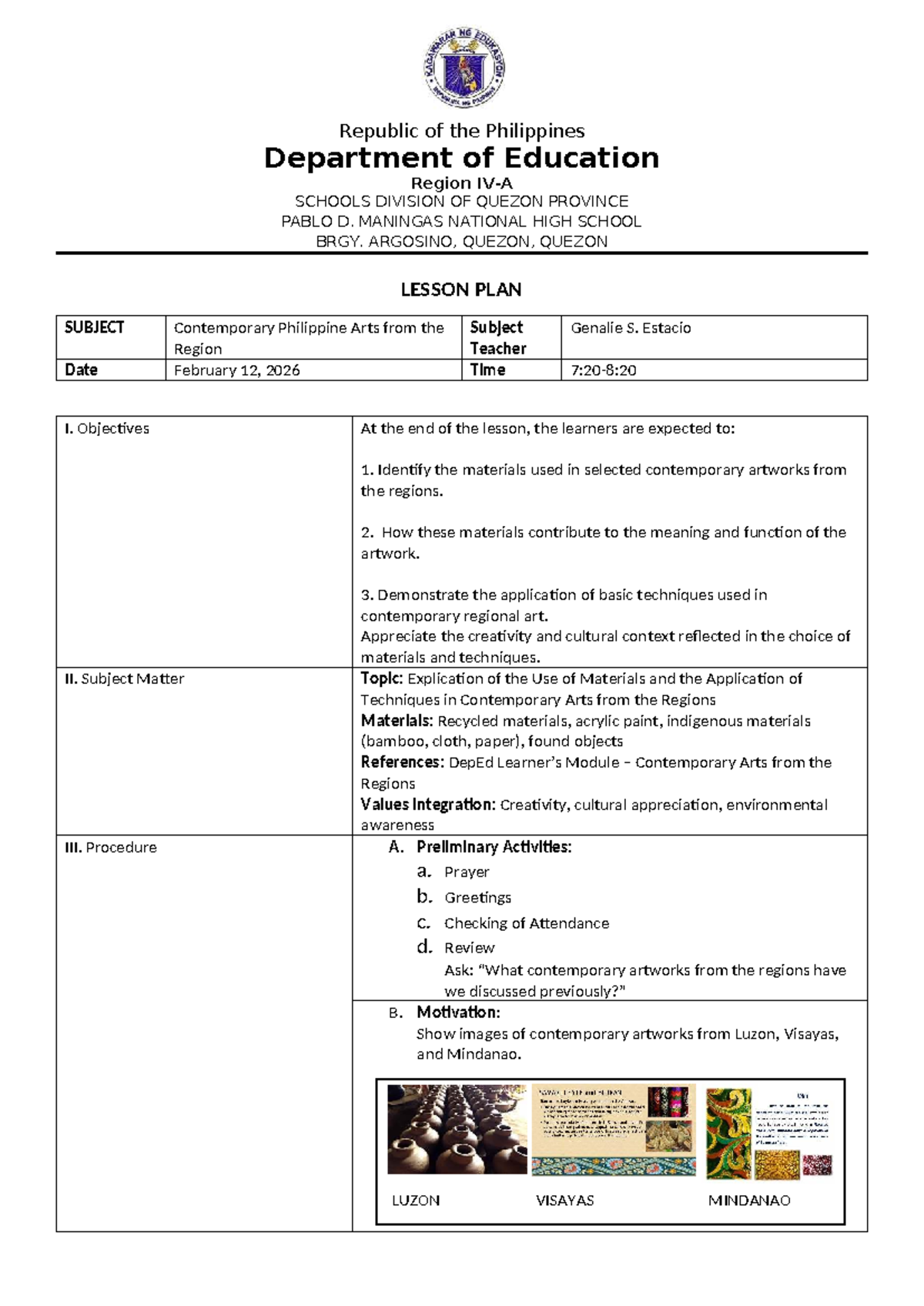 Lesson Plan: Contemporary Philippine Arts (CPAR) - Feb 12, 2026 - Studocu