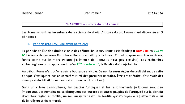 Droit romain CHAPITRE 1 : Histoire et Évolution du Droit Romain - Studocu