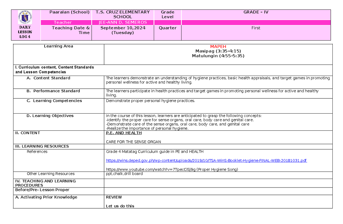 WEEK 4 MAPEH GRADE IV - DAILY LESSON LOG on Hygiene Practices - Studocu