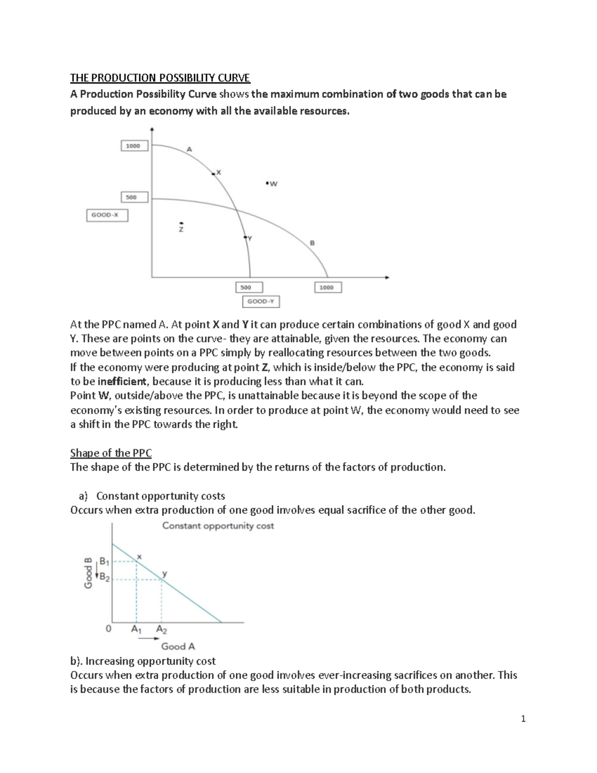 Notes - THE PRODUCTION POSSIBILITY CURVE A Production Possibility Curve ...