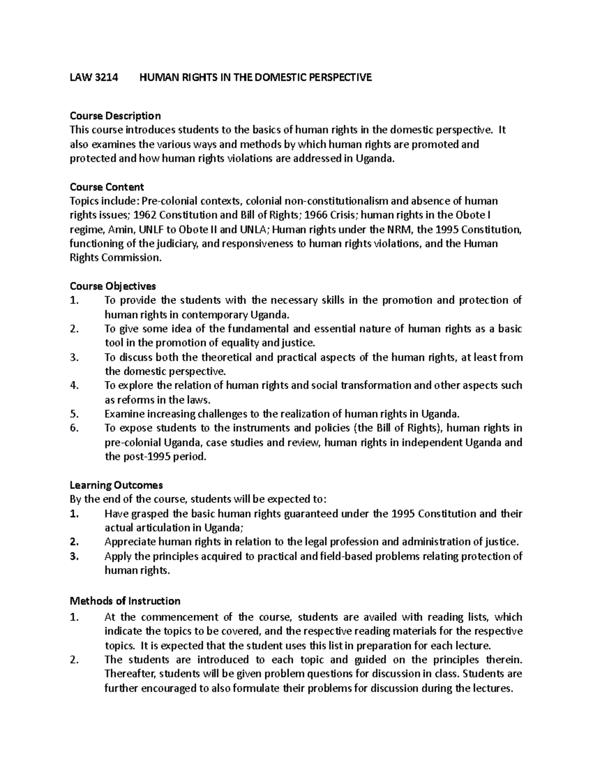 LAW 3214 Final Exam Notes on Human Rights in Uganda’s Context - Studocu