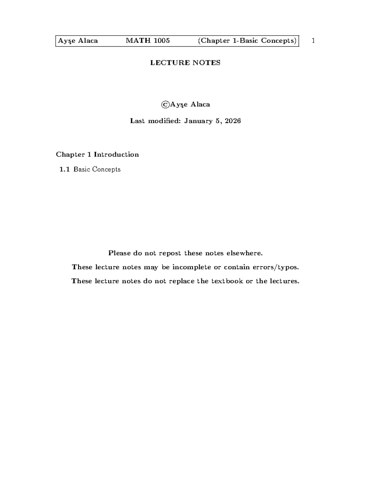 MATH 1005 W2026 (Chapter 1) Lecture Notes on Differential Equations ...