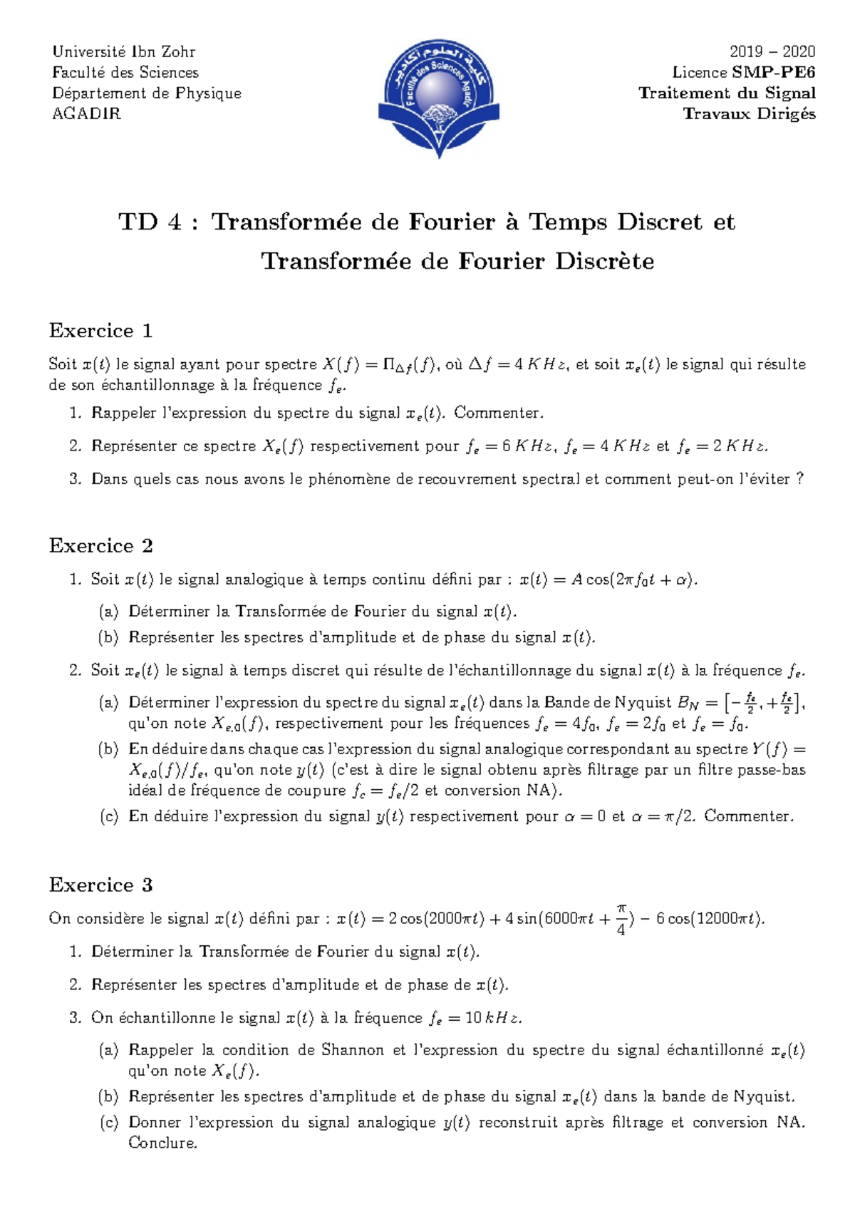 TD4 AGADIR 2019-2020: Traitement du Signal - Exercice de Fourier - Studocu