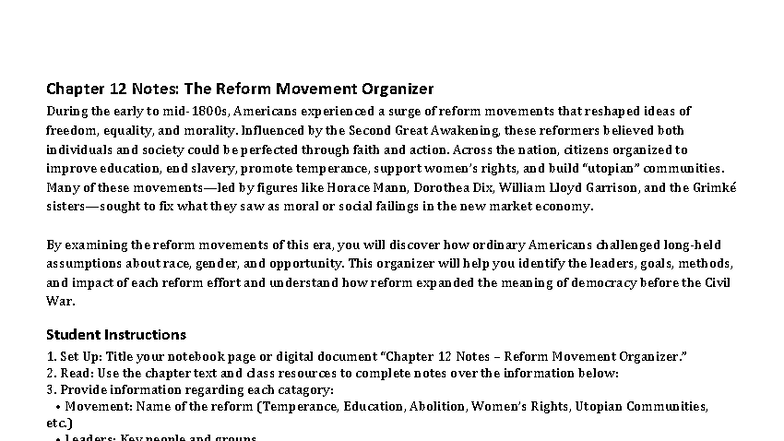 Chapter 12 Notes: Reform Movement Organizer & Analysis - Studocu