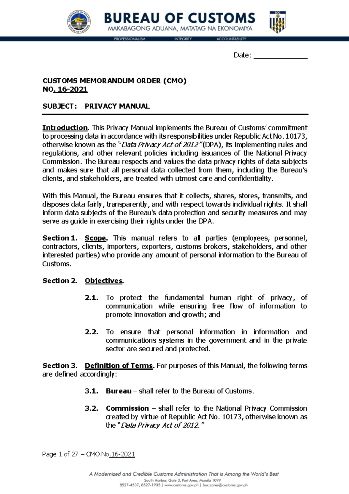 BOC CMO No. 16-2021: Implementing the Privacy Manual for Data ...