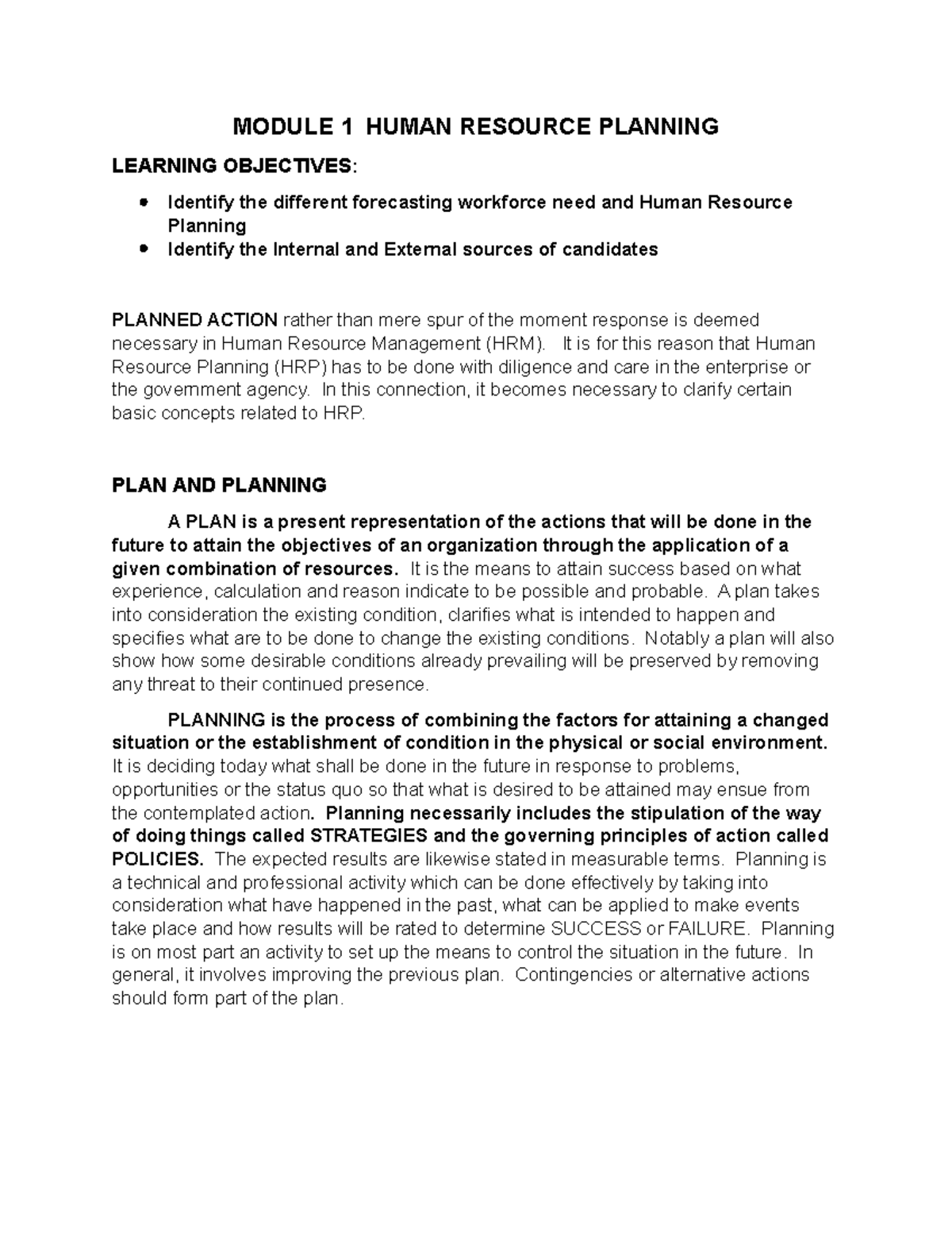 Module 1: Human Resource Planning - Key Concepts and Steps - Studocu